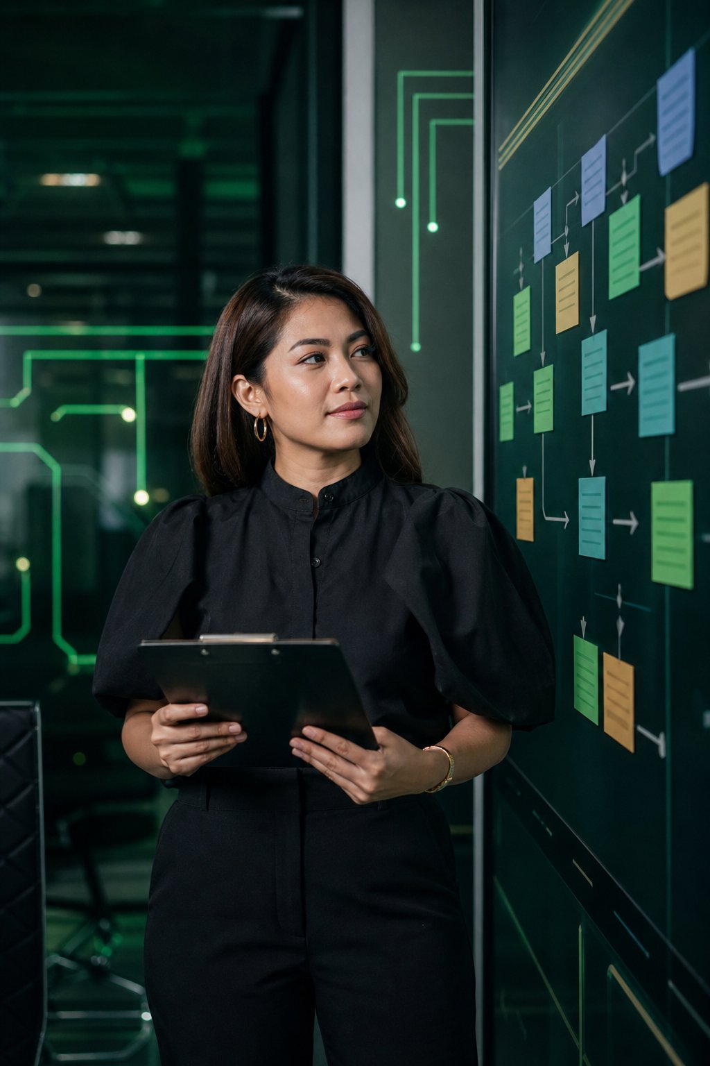 Operations manager mapping workflow cards for process automation