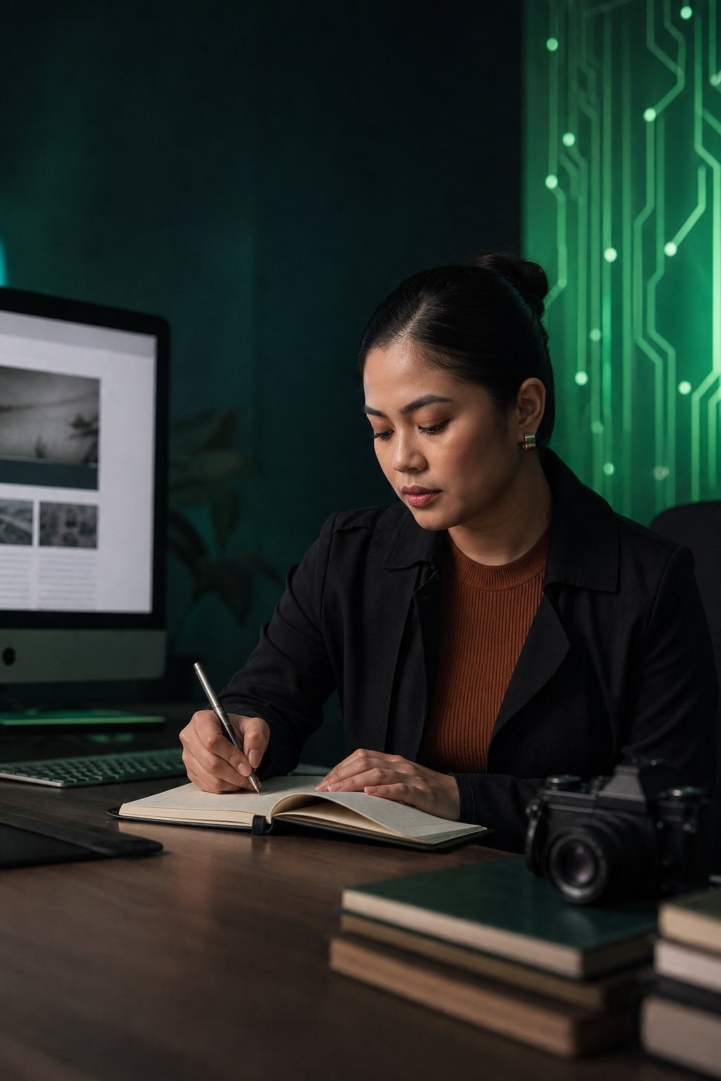 Writer preparing content drafts with AI editorial support